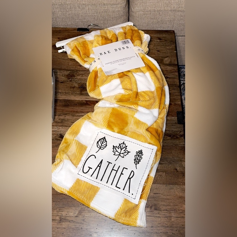 NWT Rae Dunn Printed Plush Throw Blanket w/ Patch Fall Cozy Season GATHER 50x70